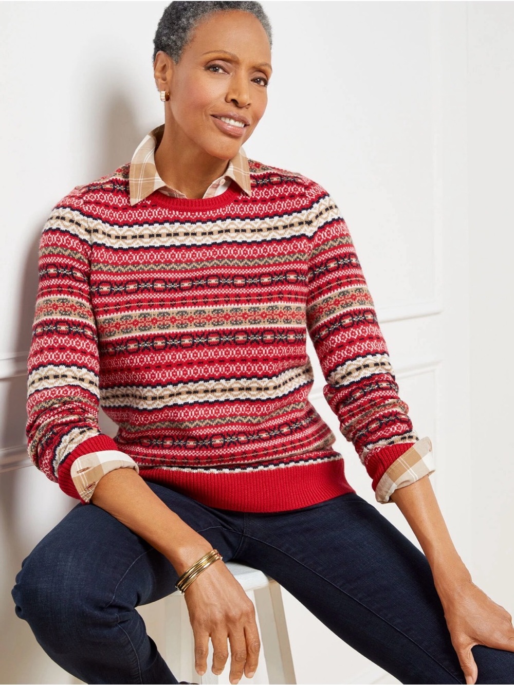 Talbots Colorful Fair Isle Crewneck Sweater Red Holiday Winter Knit Medium
